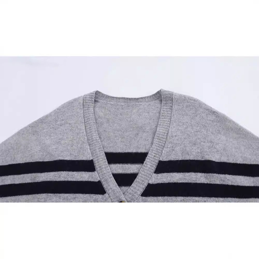 Striped Knitted V-neck Long-sleeved Jacket