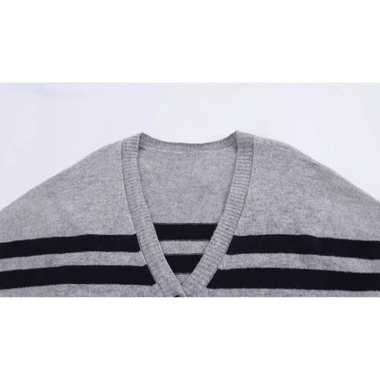 Striped Knitted V-neck Long-sleeved Jacket