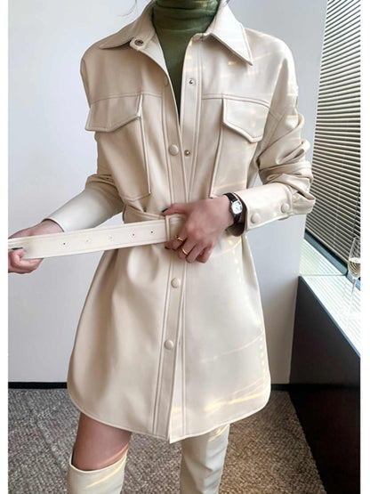 Retro White Shirt Leather Coat Women's Mid-length Cinched Blouse