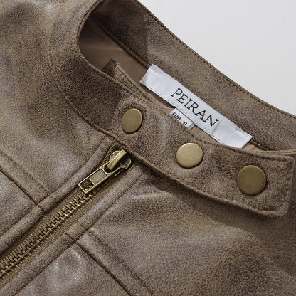 Retro Distressed Short Jacket Women's Slim Stand Collar Faux Deerskin