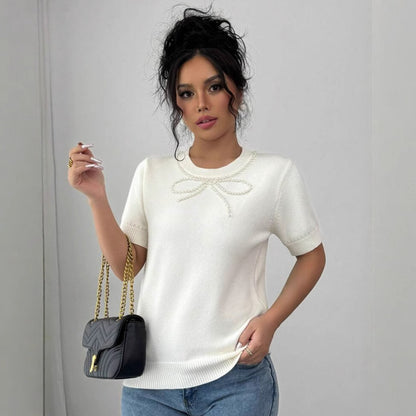 Short Sleeve Bow Rhinestone Slim Top