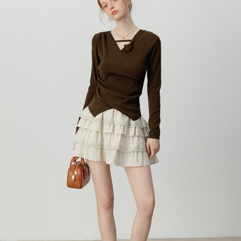 Retro Cross Design Knitwear With Flower Top