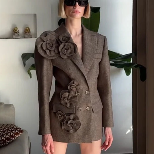 Temperament Commute Style Handmade Three-dimensional Flower Decoration Stitching Double-breasted Women's Suit Jacket