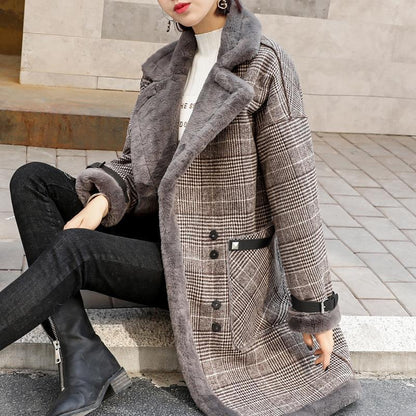 Plaid thickened mid-length faux lamb woolen coat