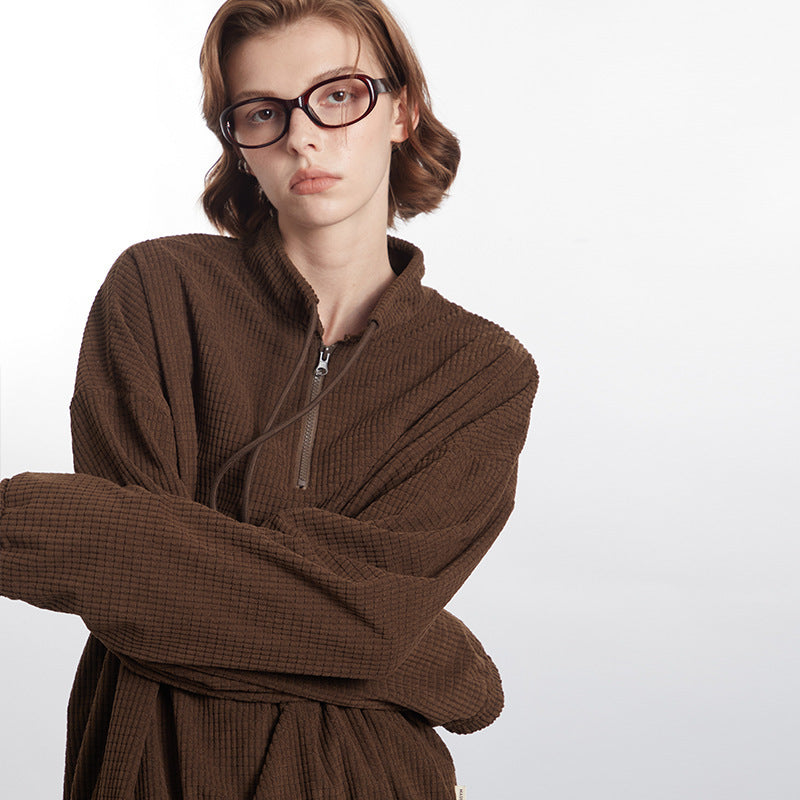 Stand Collar Zipper Drawstring Design Loose Couple Retro Autumn Winter Sweater