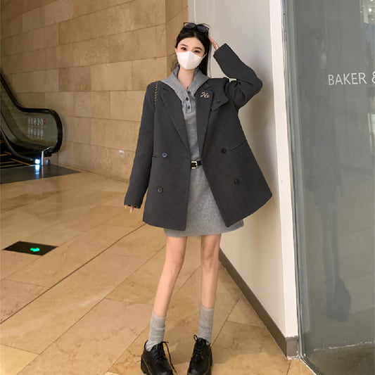 Plus Size Retro Woolen Coat Dress Suit