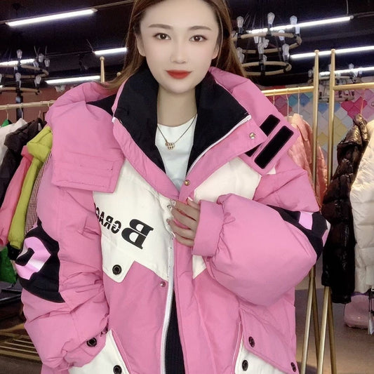 Thick Down Jacket Hooded Color Contrast Stitching Workwear For Women