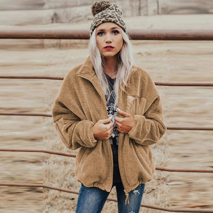 Fashion Women's Zipper Loose Thick Woolen Coat