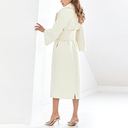 Lapel Waist White Mid-length Woolen Coat