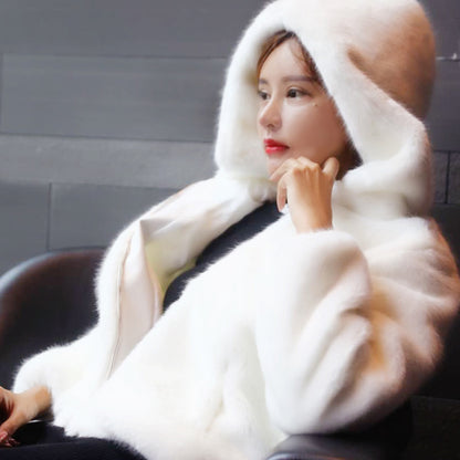 Autumn and winter new Korean version of the rabbit fur grass short female imitation mink loose plush hooded thick coat