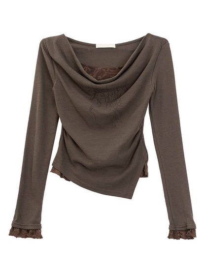Retro Printed Swing Collar Long-sleeved T-shirt Women's Slimming False Two-piece Top