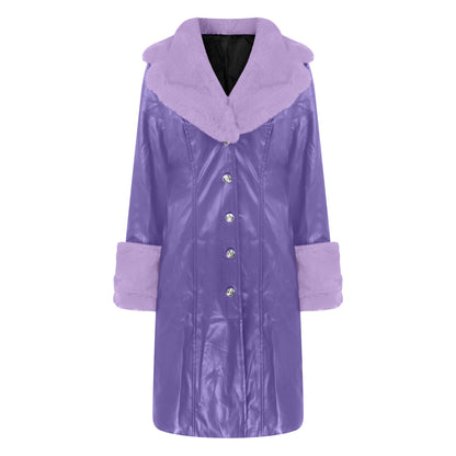 Lapel Long Coat Fur Collar Temperament Zipper Women PU Jacket