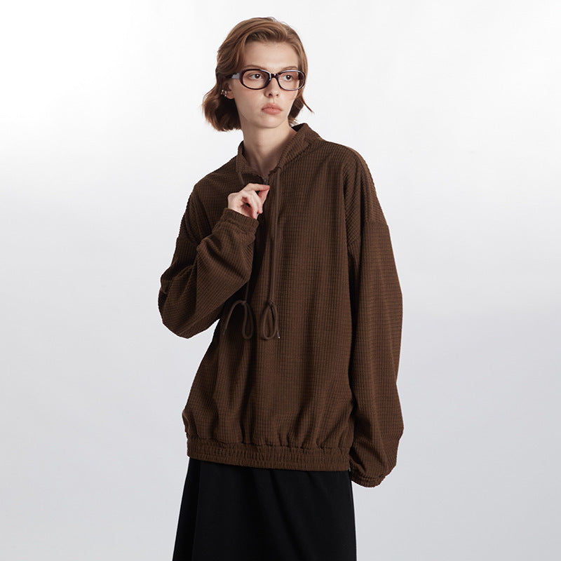 Stand Collar Zipper Drawstring Design Loose Couple Retro Autumn Winter Sweater