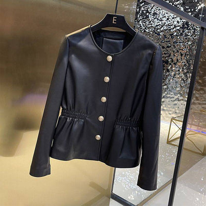 Round Neck Washed Leather Single-breasted Waist Slim Fit Coat