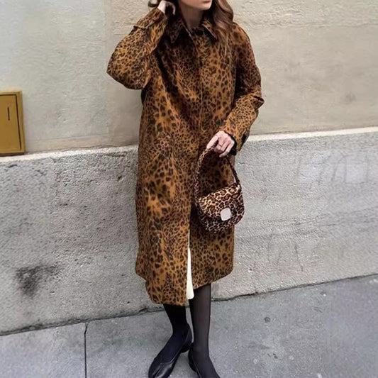 Trench-coat long à imprimé animal à simple boutonnage