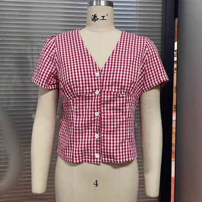 Short Sleeve Plaid Button Shirt Top Clothing