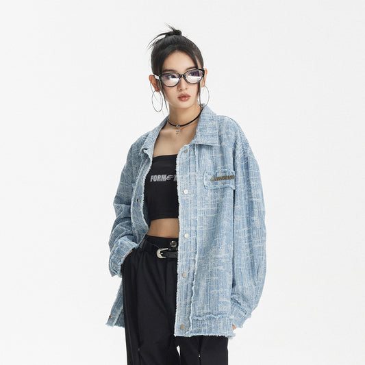 Retro Debutante Style Denim Jacket Loose Unisex Style Cardigan Coat