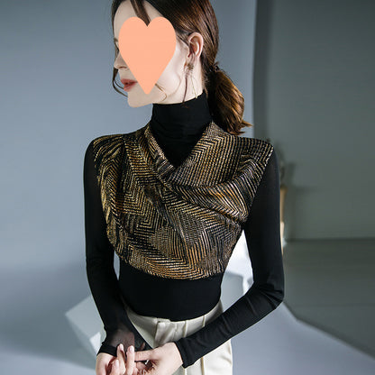 Sequin Stitching Long Sleeve Mesh Undershirt Inner Wear
