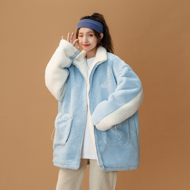 Stitching Lamb Wool Casual Loose Couple All-match Cotton Jacket