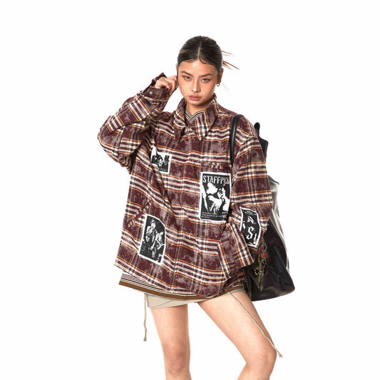 Retro Illustration Plaid Patch Jacket For Women Baggy Coat