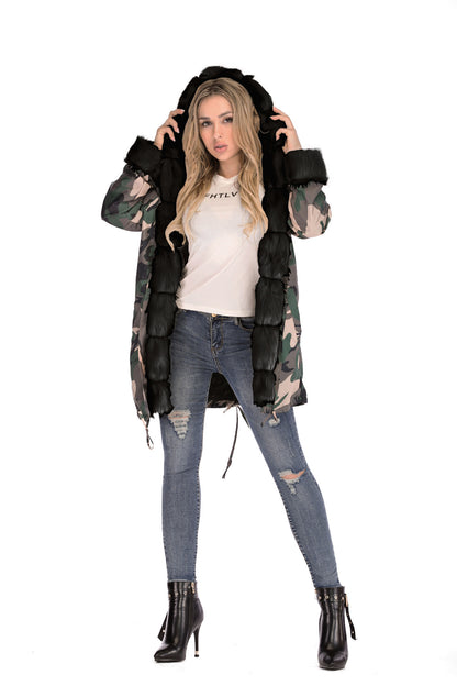 Camouflage plush fur collar warm cotton jacket
