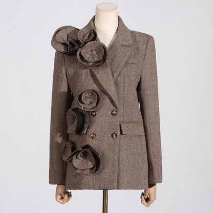 Temperament Commute Style Handmade Three-dimensional Flower Decoration Stitching Double-breasted Women's Suit Jacket
