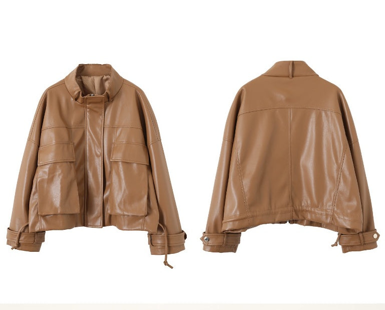 Women's Tooling Style Leather Jacket Jacket With Stand-up Collar