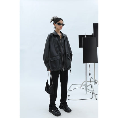 Women's Loose Retro Leather Jacket With Details
