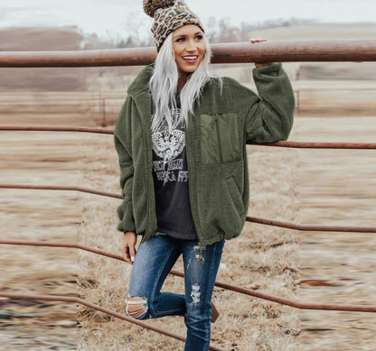 Fashion Women's Zipper Loose Thick Woolen Coat