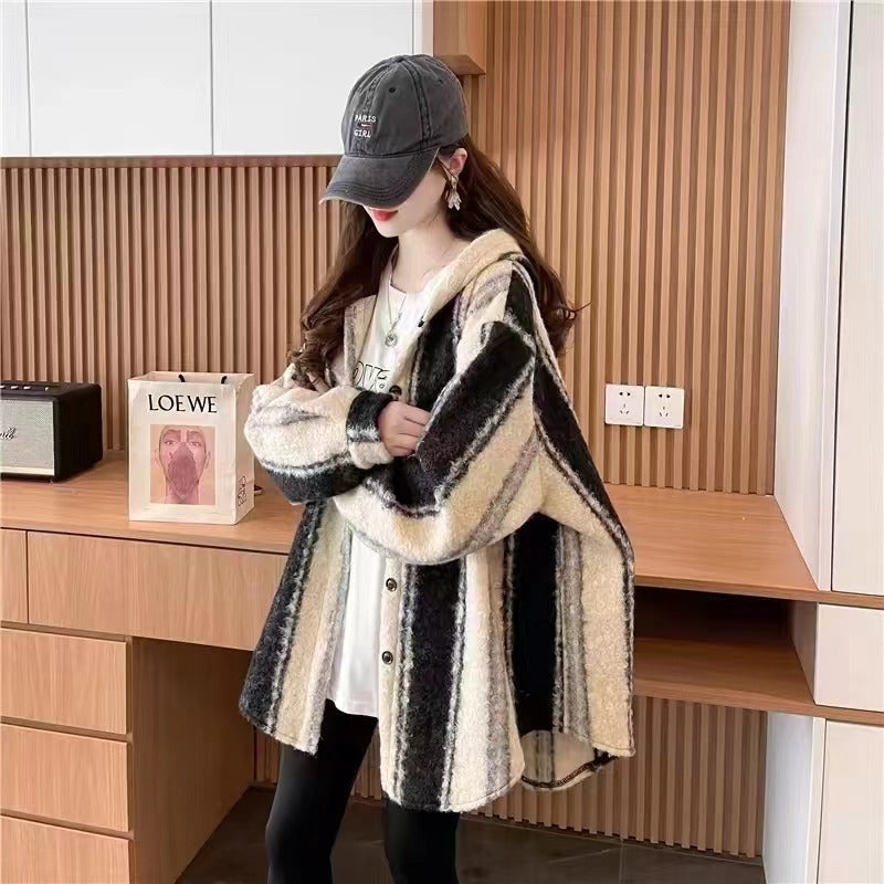 Women's Korean-style Winter Hooded Profile Striped Woolen Coat