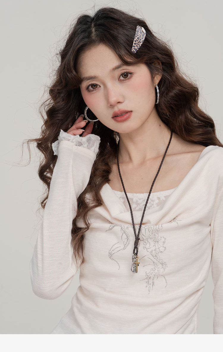 Retro Printed Swing Collar Long-sleeved T-shirt Women's Slimming False Two-piece Top
