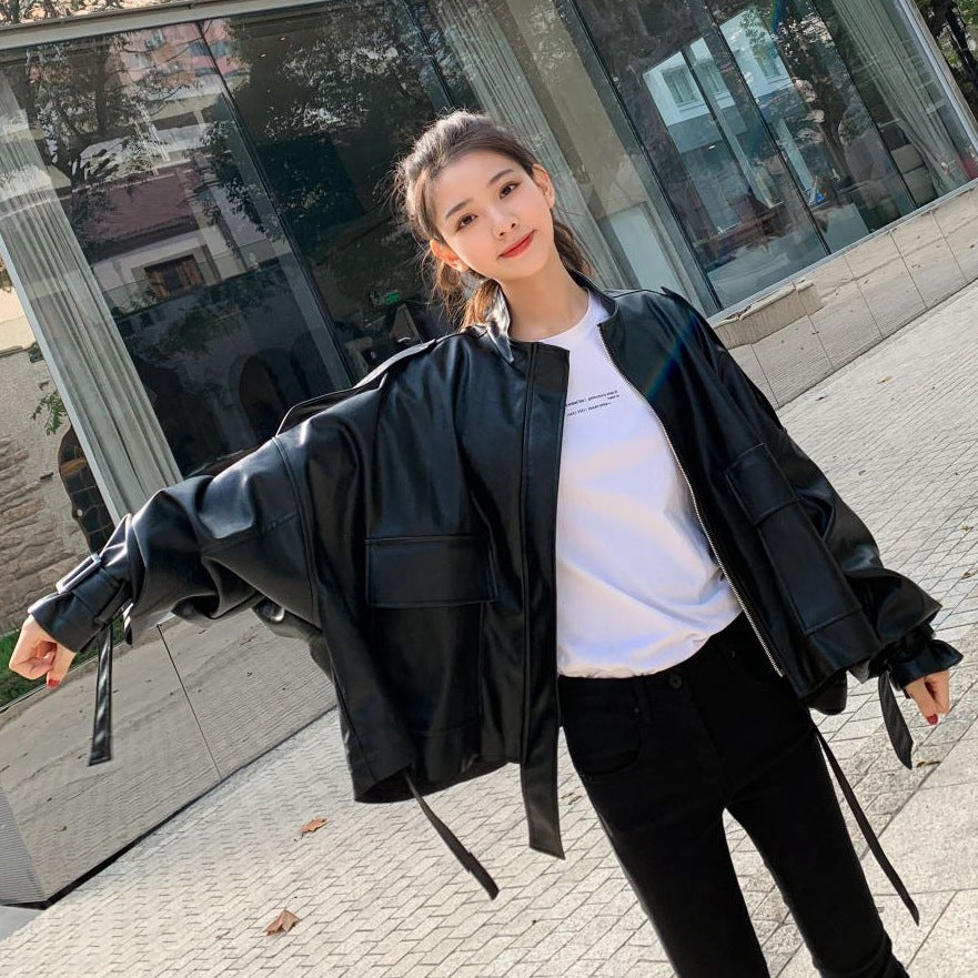 Fashion Retro Loose Collar Style Leather Jacket Women