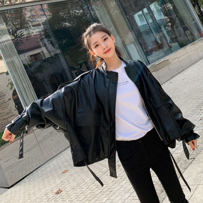 Fashion Retro Loose Collar Style Leather Jacket Women