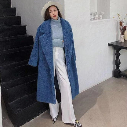 Women's Fur And Lamb Woolen  Long Coat