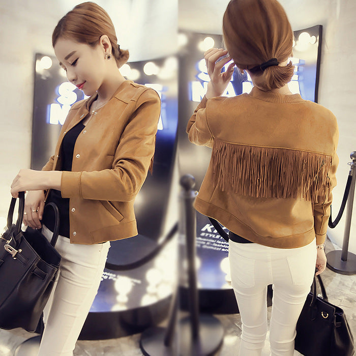 Solid Color Long-sleeved Stand-collar Slim Fit Plus Size Fringed Jacket