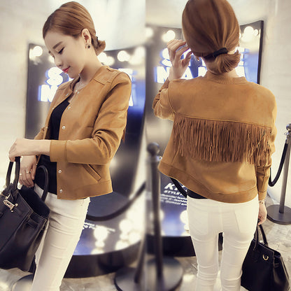 Solid Color Long-sleeved Stand-collar Slim Fit Plus Size Fringed Jacket