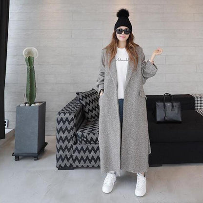 Women's Woolen Coat Long Herringbone Pattern Loose
