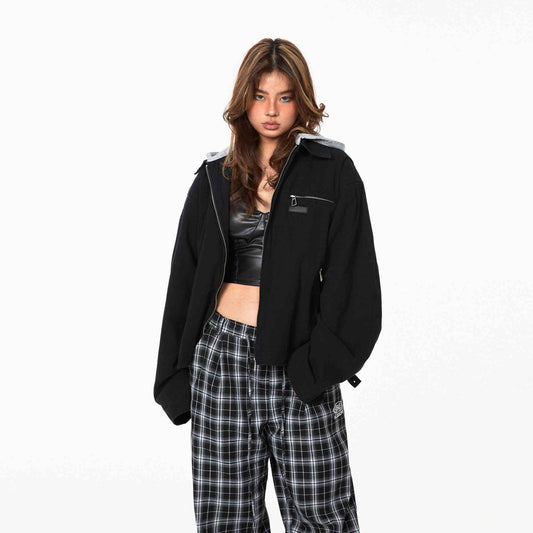 Retro Fake Two-piece Street Motorcycle Clothing Women's Lapel Patch Jacket Coat