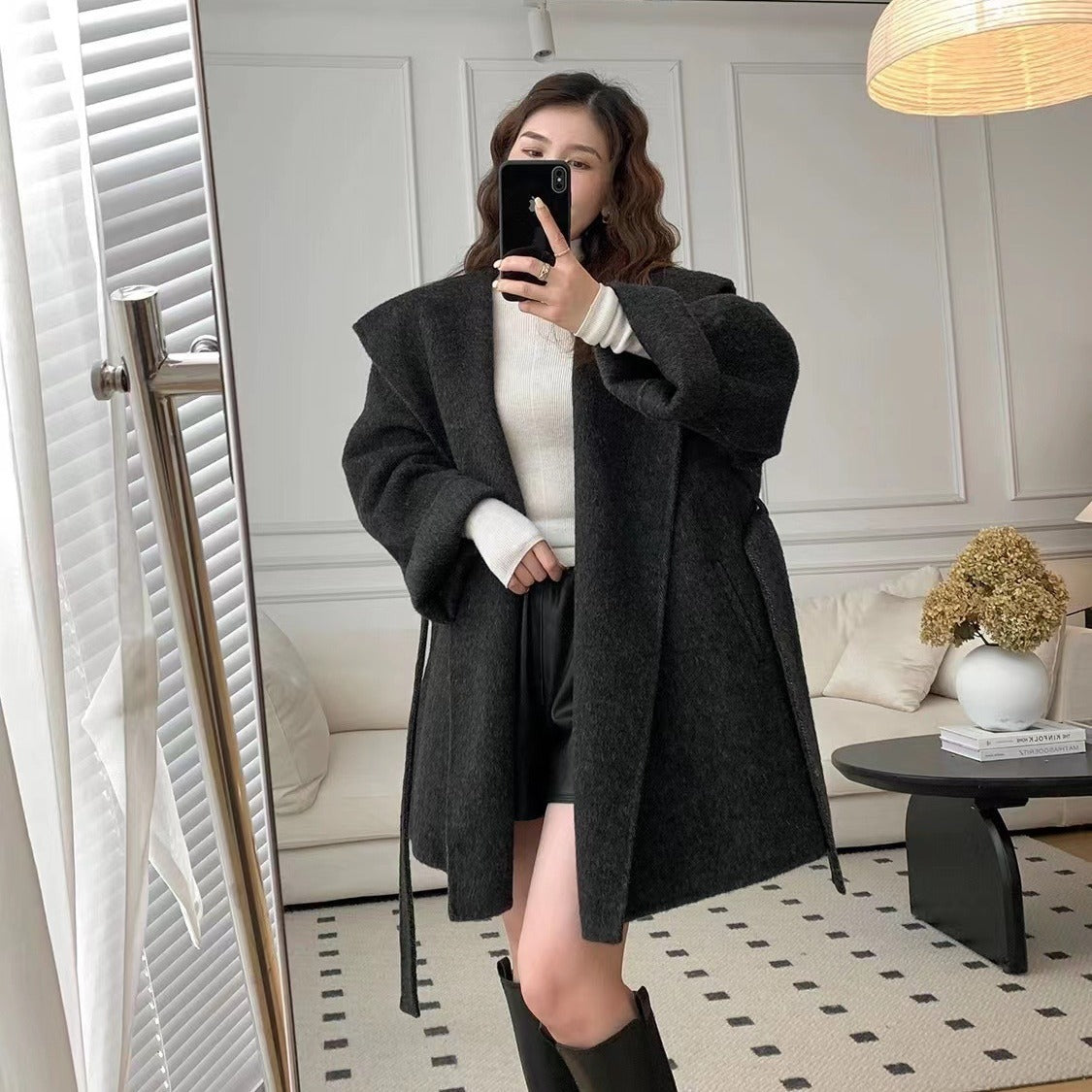 Coat Red Shirt Korean Style Hooded Cashmere Double-sided Woolen Woolen Coat For Women