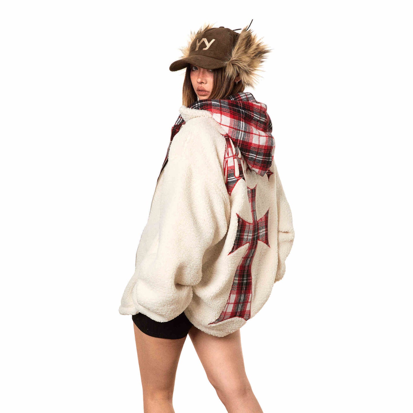 Retro Contrast Color Hooded Cold-proof Coat