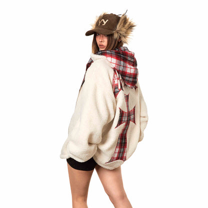 Retro Contrast Color Hooded Cold-proof Coat