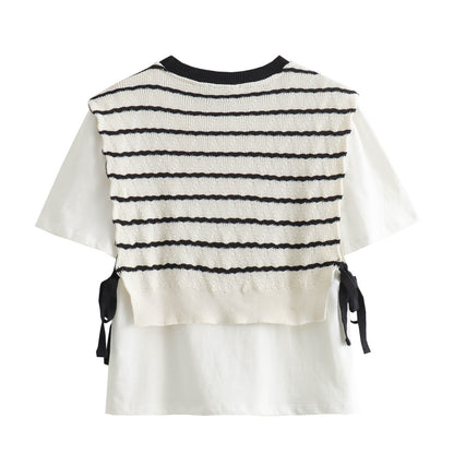 Round Neck Knitted Stitching Fake Two-piece Stripes Short Sleeve T-shirt Top