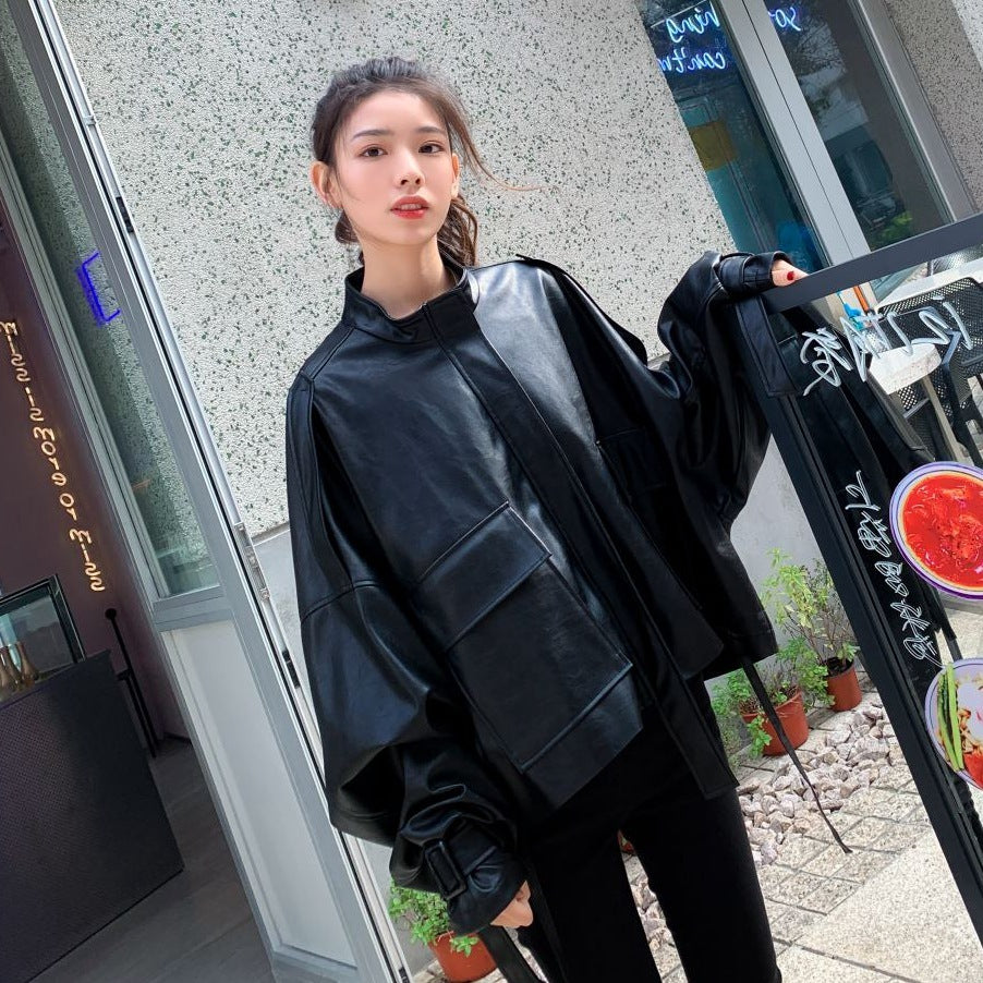 Fashion Retro Loose Collar Style Leather Jacket Women
