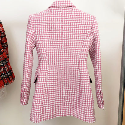Pink Houndstooth Wool Coat Retro Double-breasted