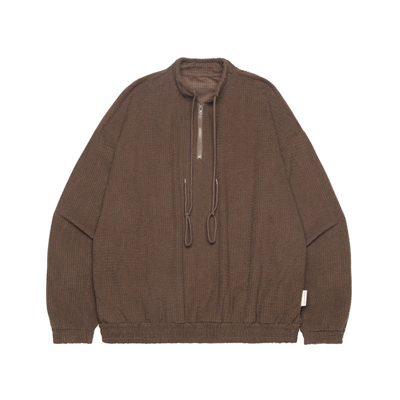 Stand Collar Zipper Drawstring Design Loose Couple Retro Autumn Winter Sweater