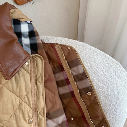 Retro Plaid Stitching Leather Lapel Cotton Coat Jacket Women