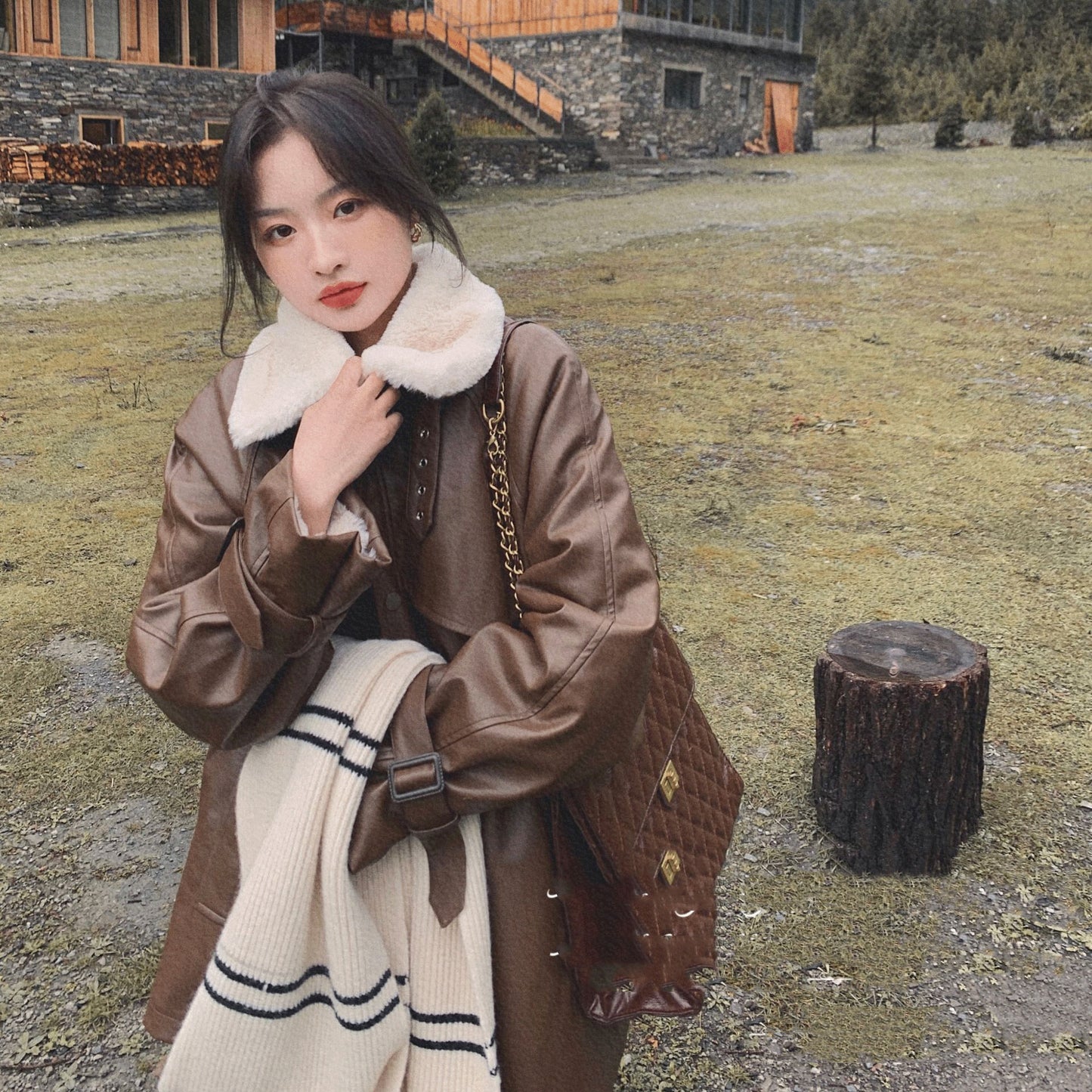 Women's New Leather Motorcycle Jacket Lamb Wool Coat