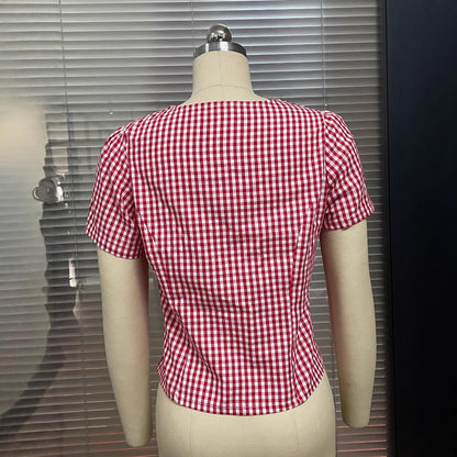 Short Sleeve Plaid Button Shirt Top Clothing