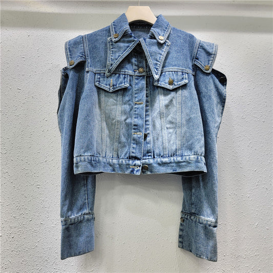 Autumn New Elegant Off-shoulder Denim High Waist Short Coat