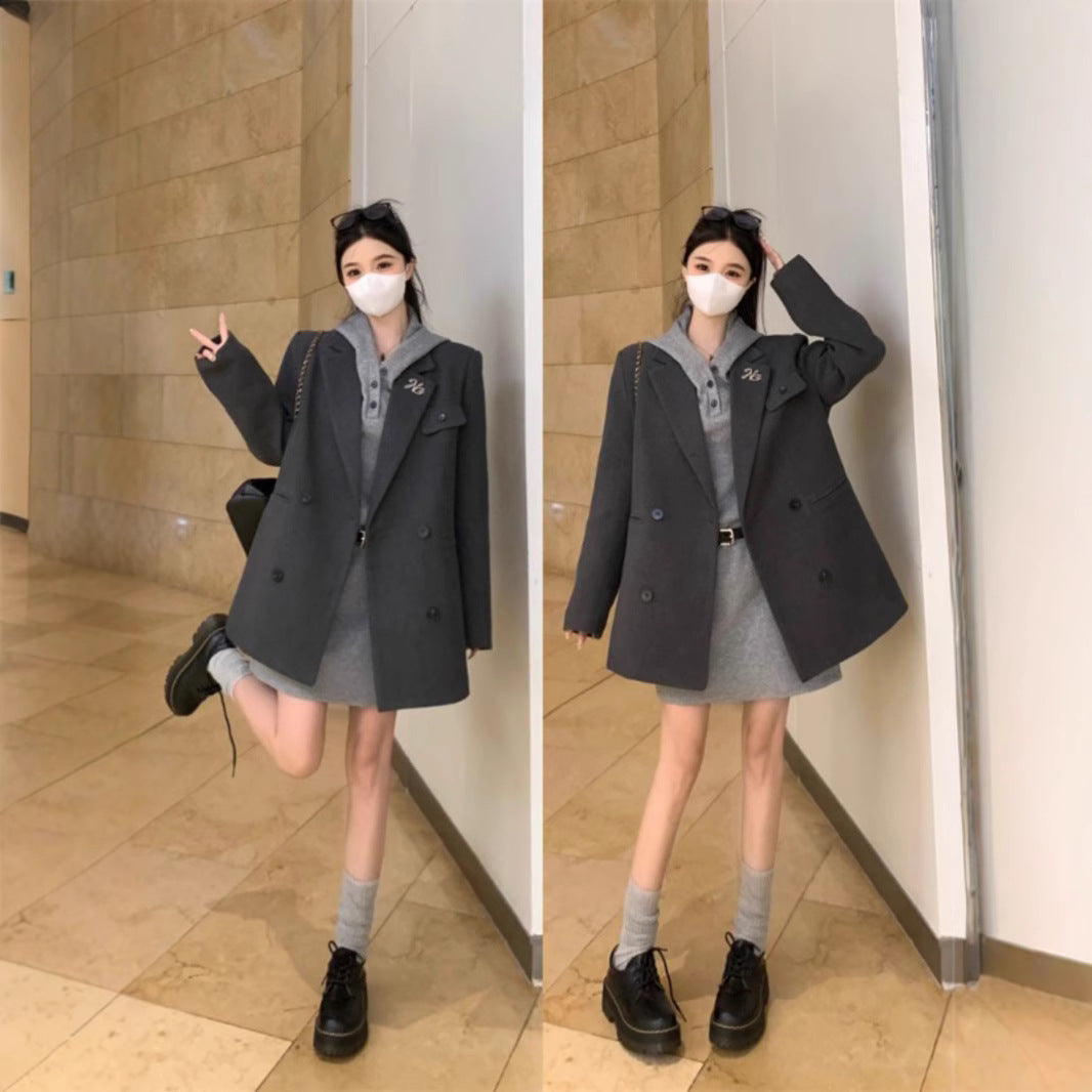 Plus Size Retro Woolen Coat Dress Suit